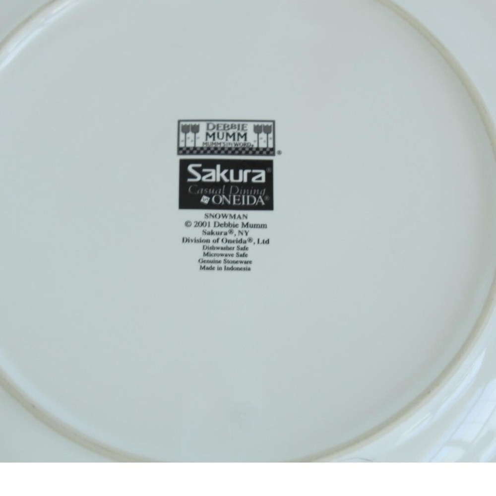 Sakura Debbie Mumm Snowman Dinner Plates Stoneware Blue White Set of 4 11.25" - Picture 8 of 8